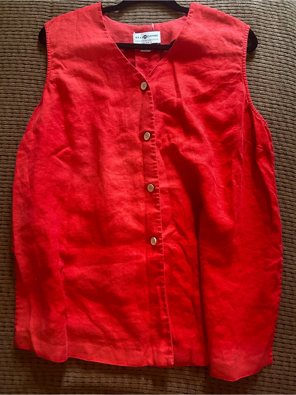 vintage Saks Fifth Avenue Linen sleeveless button-front tunic top Red Light